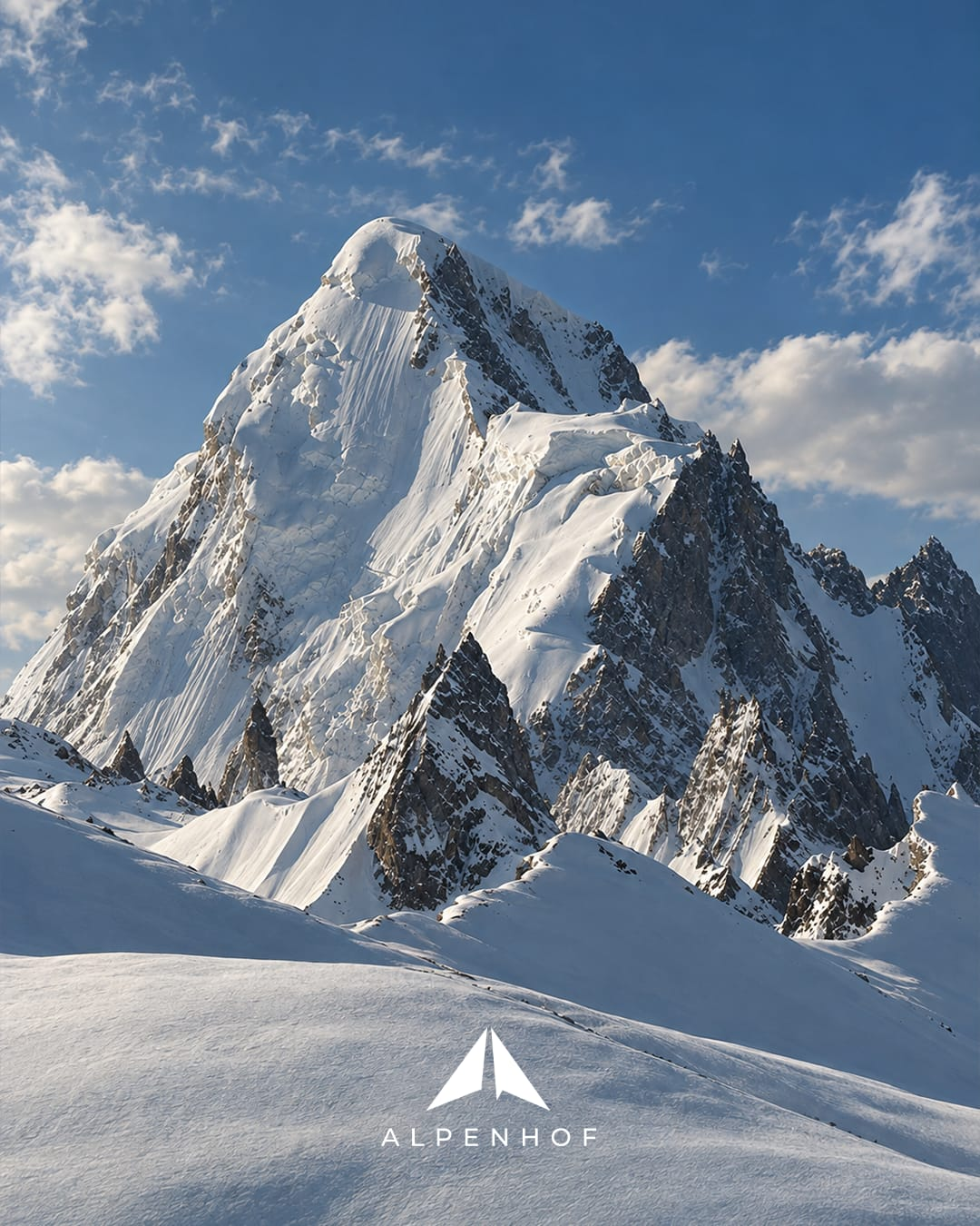 Snow-covered mountain with the Alpenhof symbol and wordmark